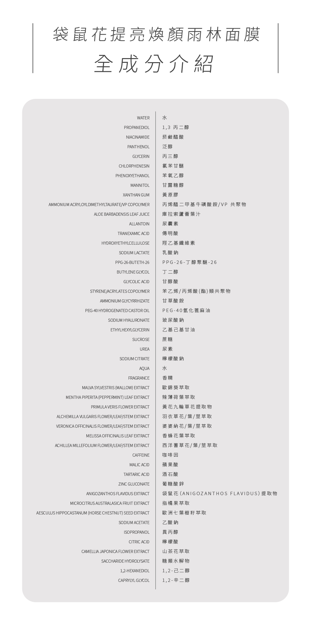 袋鼠花面膜成分